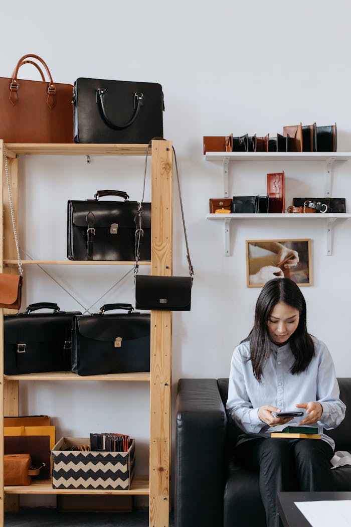Asian woman in a store sitting by shelves with leather bags, reading a book.